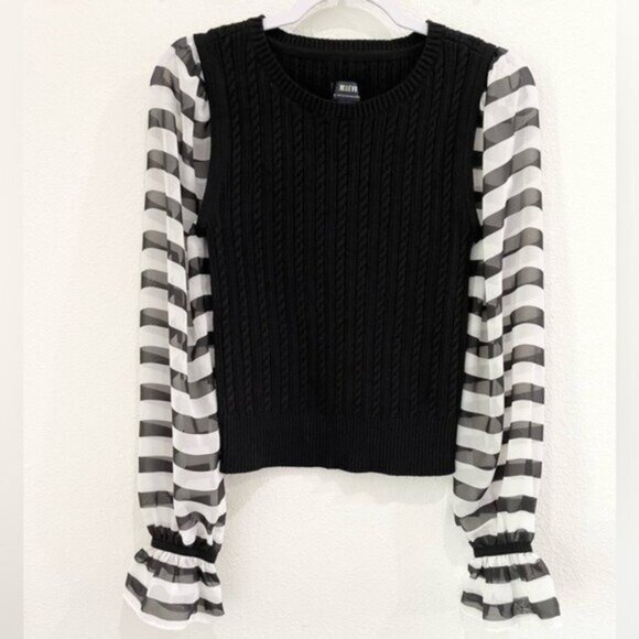 Anthropologie Puff Sleeve Cable Knit Sweater Feminine Ruffle Dainty Preppy Lace - Picture 2 of 8